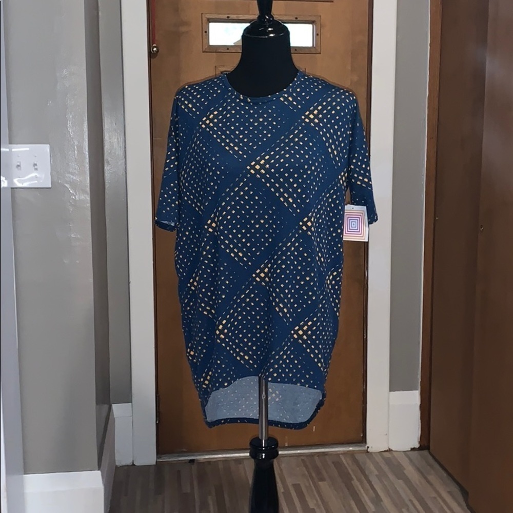 Lularoe Irma tunic top, blue and orange geometric